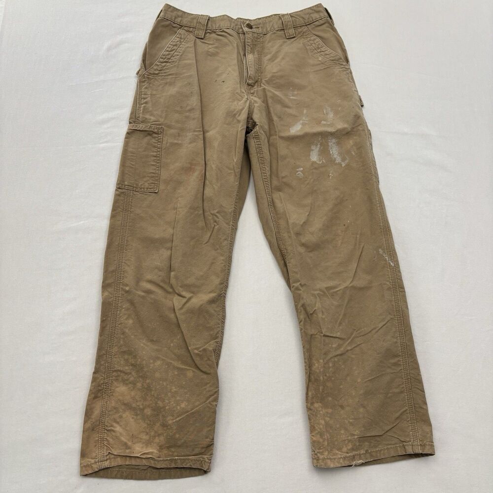 Mens Carhartt Carpenter Pants Size 33x30 Brown Dungaree Canvas Distressed Paint